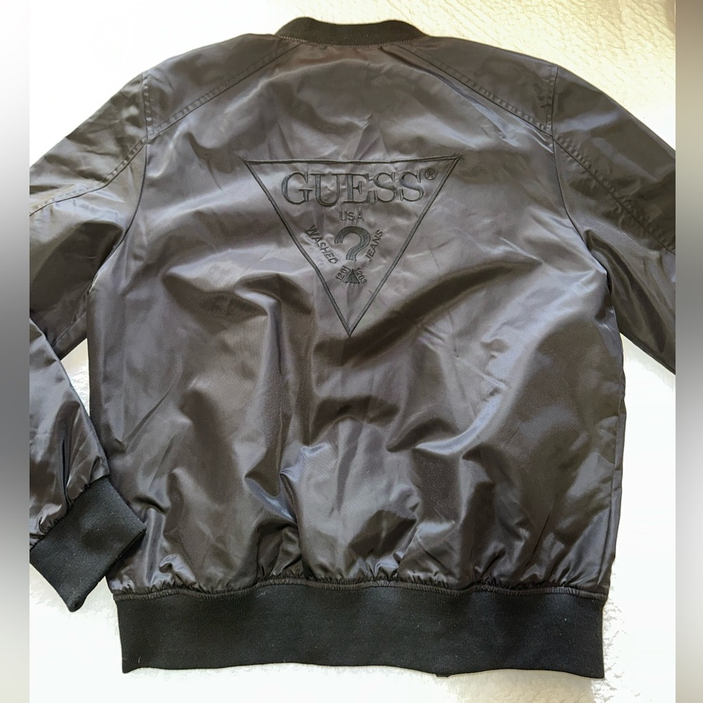 Guess Bomber Jacket embroidered classic Guess logo on back.